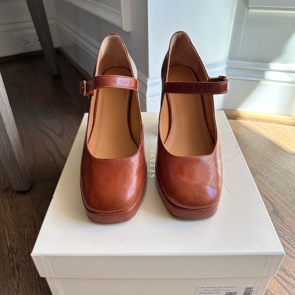 NIB Sezane Georgia Brown Patent Leather Mary Janes Platform Heels Pumps 37 - Picture 3 of 8